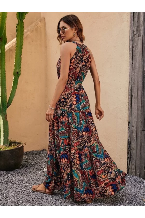 Kadın Kolsuz Halter Yaka Beli Lastikliotantik Desenli Mikro Kumaş Elbise