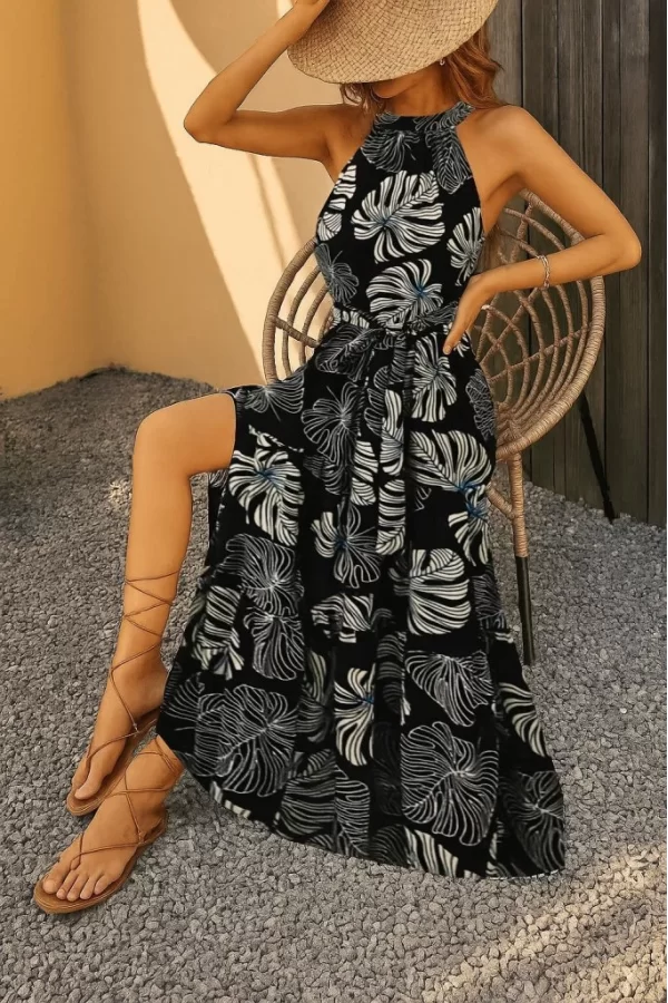 Kadın Kolsuz Halter Yaka Beli Lastikliotantik Desenli Mikro Kumaş Elbise