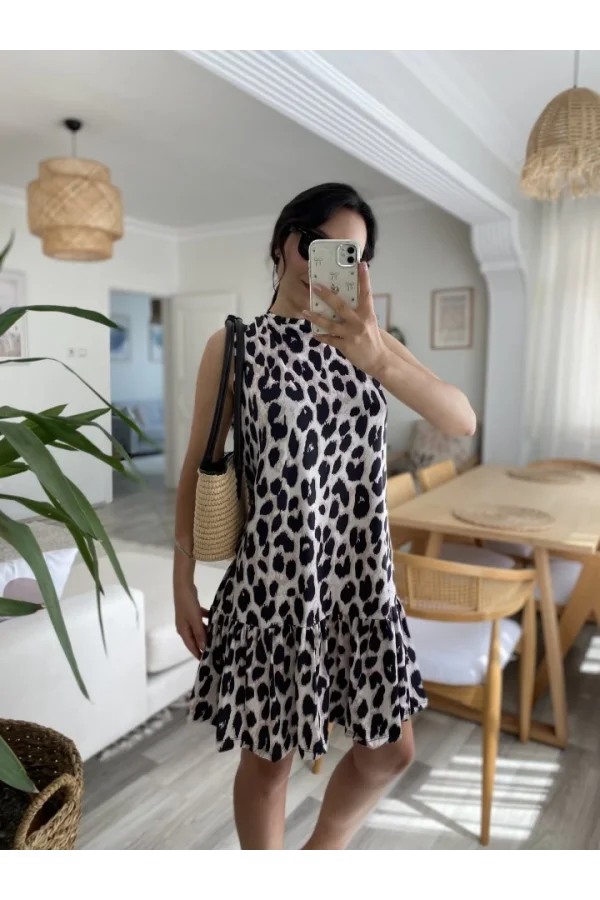 Kadın Kolsuz Sırttan Bağlamalı Fırfırlı Leopar Desenli Süprem Elbise