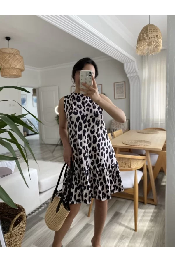 Kadın Kolsuz Sırttan Bağlamalı Fırfırlı Leopar Desenli Süprem Elbise