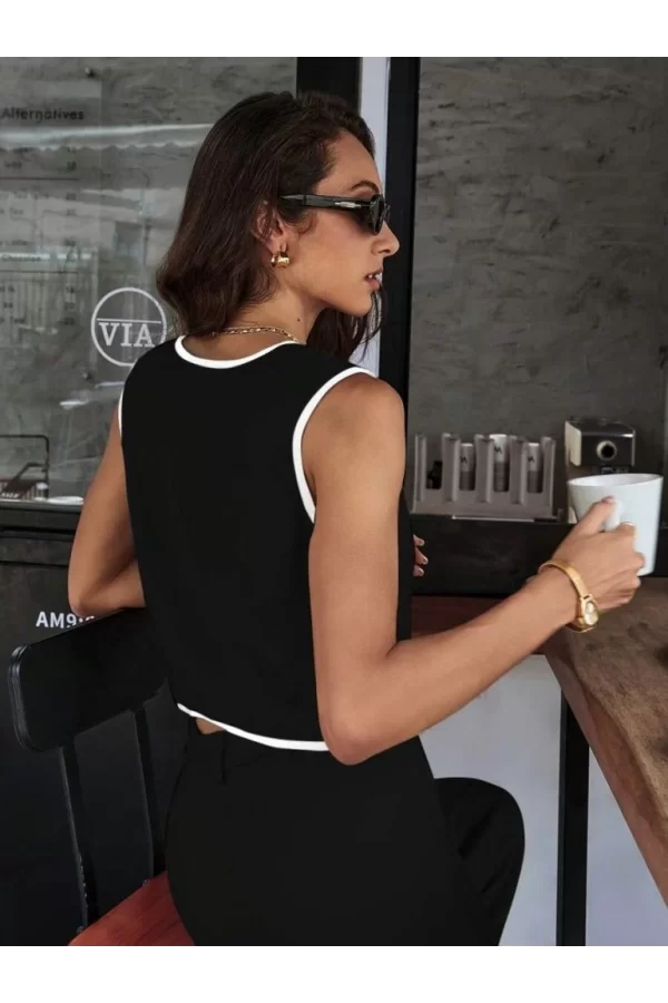 Kadın Kolsuz V Yakalı Düğmeli Ithal Krep Yelek Ve Pantolon Ikili Takım