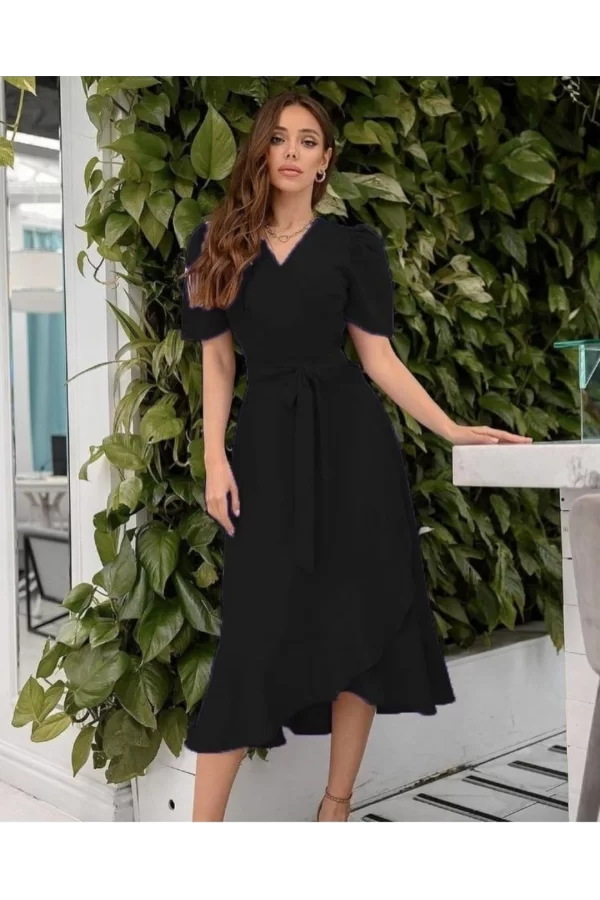 Kadın Kruvaze Yaka Midi Boy Kuşaklı Krep Elbise 120 Cm