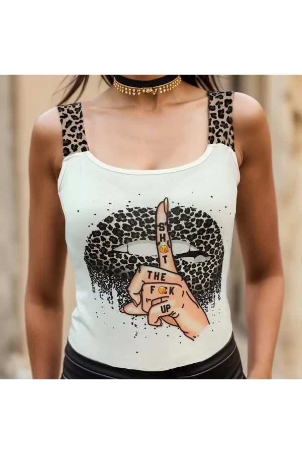 Kadın Leopar Askılı Leopar Baskılı Mikro Kumaş Bluz