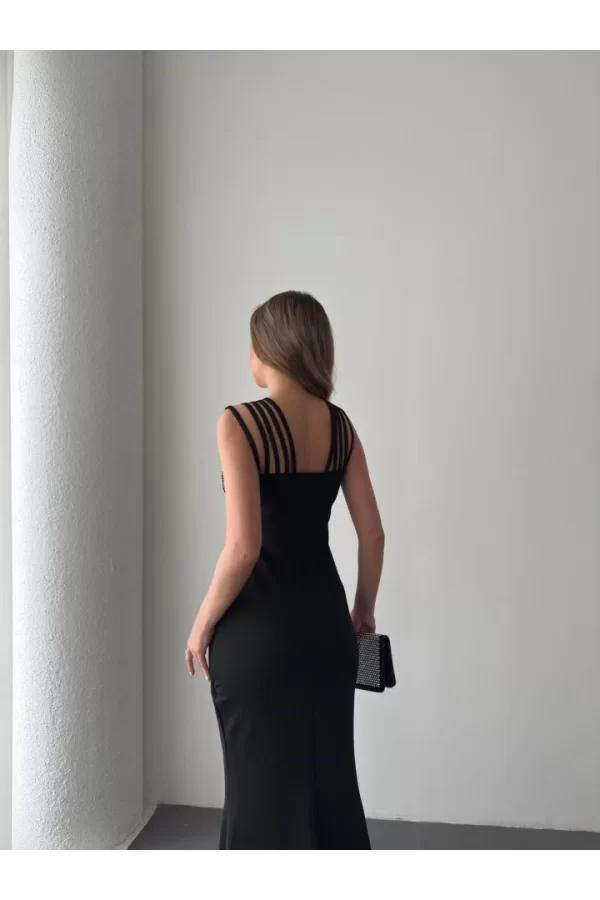 Kadın Omuz çoklu Askılı önü Taş Işlemeli Balık Kesim Janjan Krep Maxi Boy Elbise