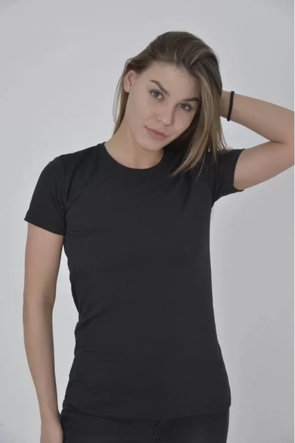 Luz&Pos Kadın Omuz Fileli Slim Fit T-shirt - Siyah