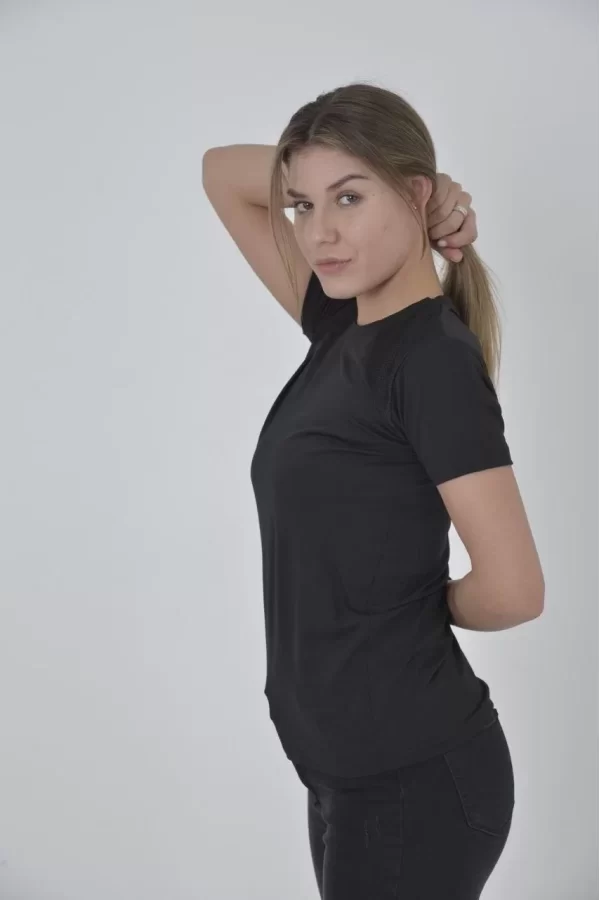 Luz&Pos Kadın Omuz Fileli Slim Fit T-shirt - Siyah