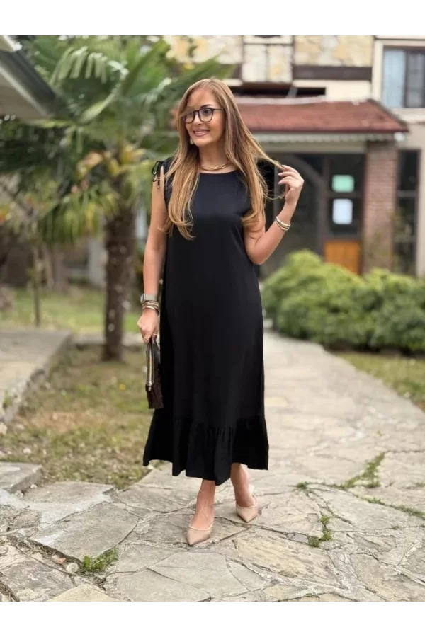 Kadın Omuzlardan Büzgülü Kayık Yaka Fırfırlı Janjan Krep Elbise