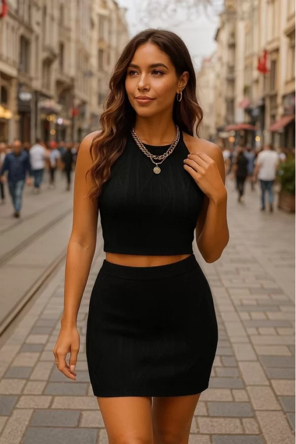 Kadın Sıfır Kol Crop Mini Etek Ikili Triko Takım