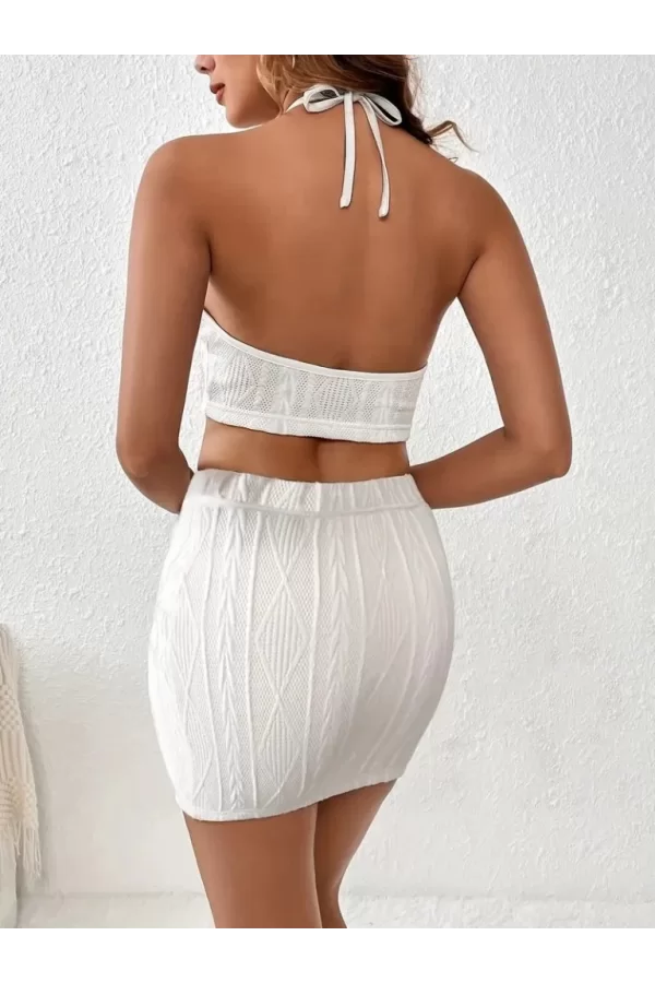 Kadın Sıfır Kol Crop Mini Etek Ikili Triko Takım