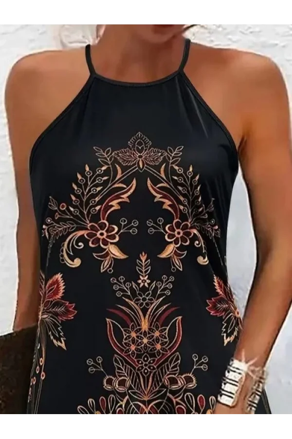 Kadın Sıfır Kollu Halter Yakalı Desenli Süprem Elbise