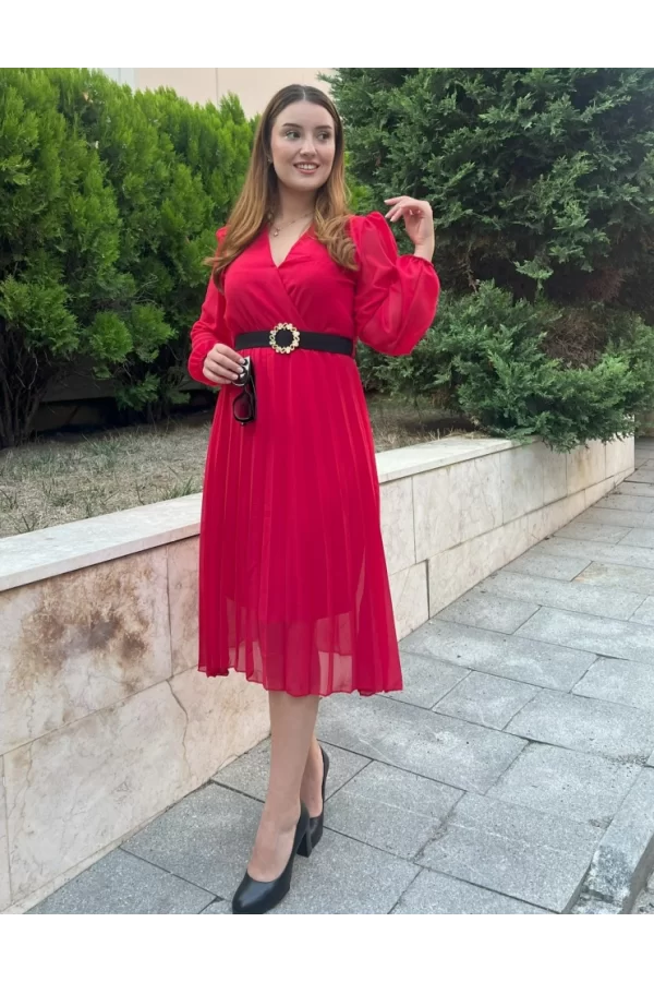 Kadın şifon Kumaş Astalı Kloş Kesim Kruvaze Yaka Midi Boy Elbise