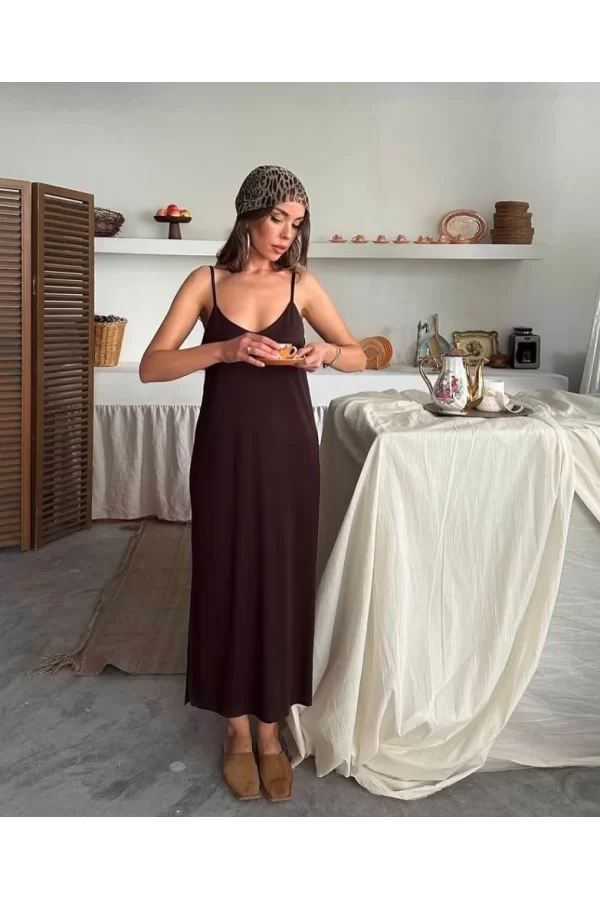 Kadın Siyah Asansör Askılı Çift Yırtmaçlı Helen Elbise