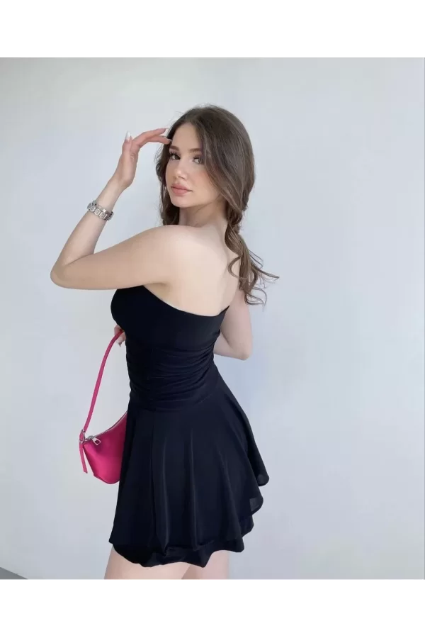 Luz&Pos Kadın Straplez Sandy Kumaş Şortlu Prenses Etek Mini Klos Elbise- Siyah