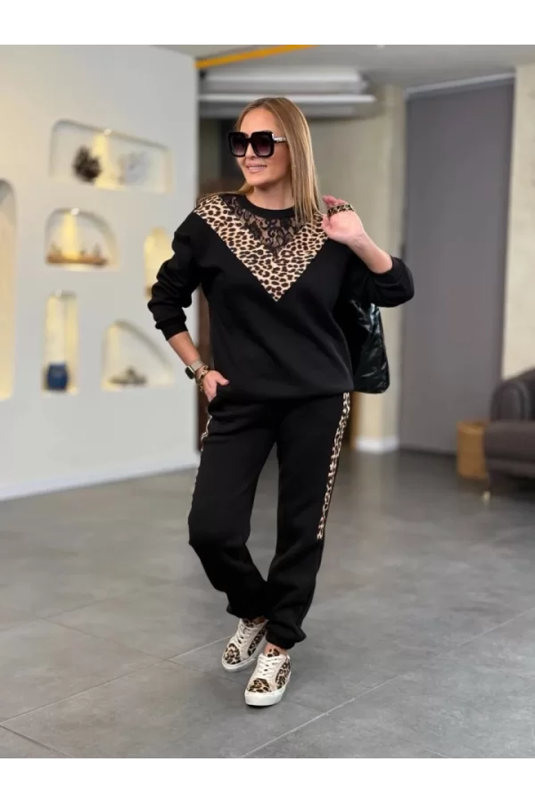 Kadın üç Iplik Kumaş Leopar Desenli Dantel Detaylı Ikili Takım