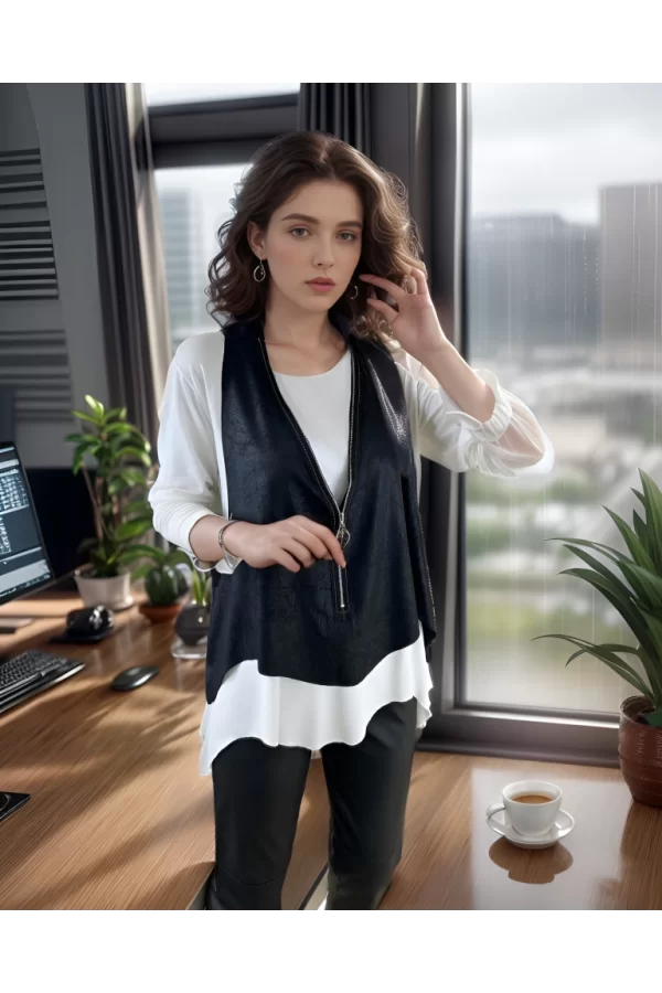 Kadın Uzun Kol Asimetrik Kesim Viskon Bluz Ve çatlak Deri Görünümlü Fermuar Detaylı Yelek Ikili Takım