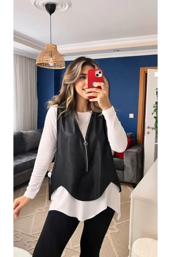Kadın Uzun Kol Asimetrik Kesim Viskon Bluz Ve çatlak Deri Görünümlü Fermuar Detaylı Yelek Ikili Takım
