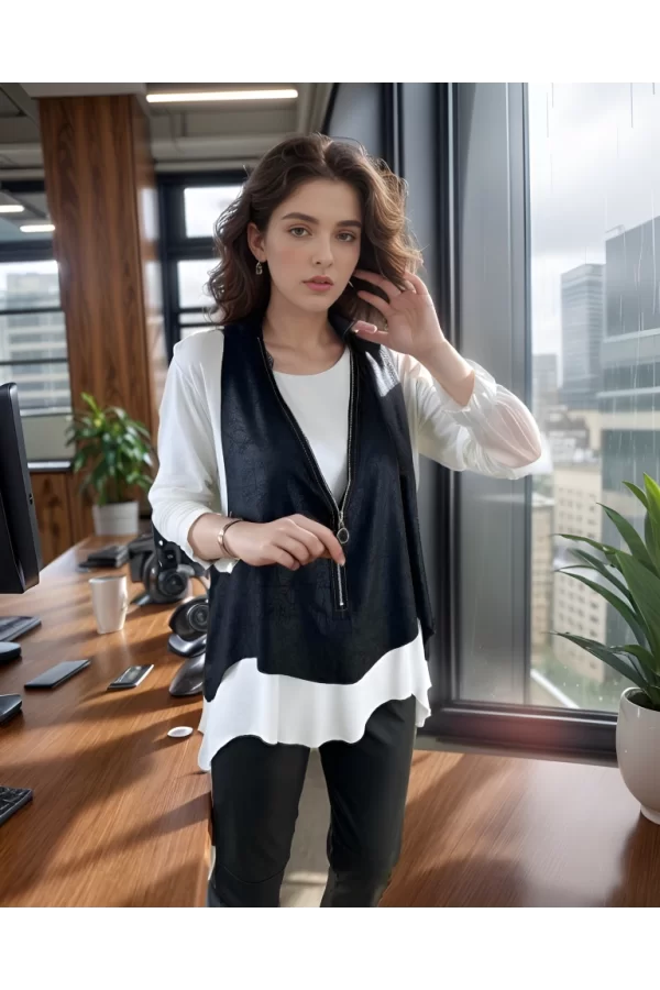 Kadın Uzun Kol Asimetrik Kesim Viskon Bluz Ve çatlak Deri Görünümlü Fermuar Detaylı Yelek Ikili Takım