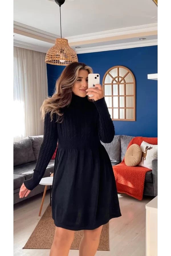 Kadın Uzun Kollu Balıkçı Yaka Belden Yaka Belden Büzgülü Kısa Triko Elbise