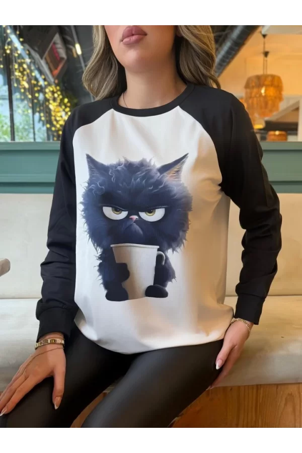 Kadın Uzun Kollu Bisiklet Yaka Kedi Baskılı şardonlu Dalgıç Bluz