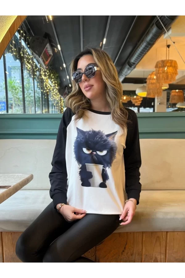 Kadın Uzun Kollu Bisiklet Yaka Kedi Baskılı şardonlu Dalgıç Bluz