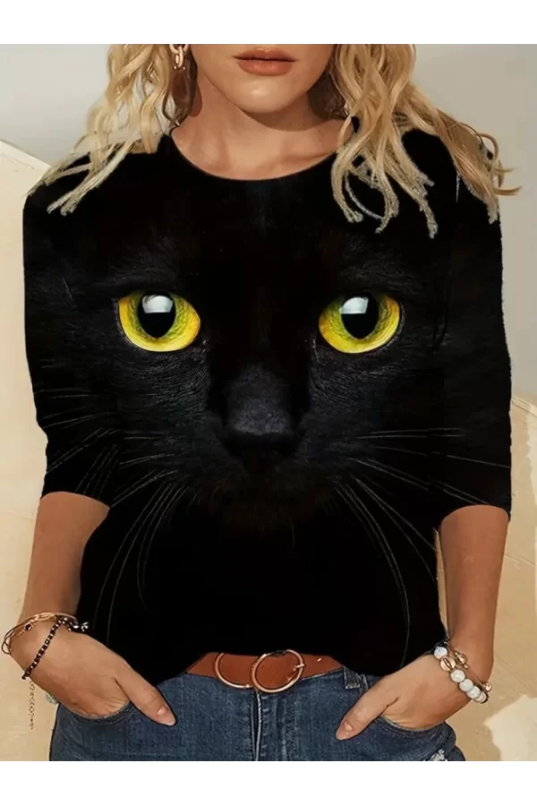 Kadın Uzun Kollu Bisiklet Yaka Kedi Desenli Süprem Bluz