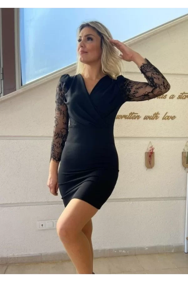 Kadın Uzun Kollu Kruvaze Yaka Kollar Tül Detay Krep Mini Boy Elbise