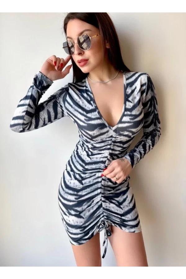Kadın V Yaka önü Asansör Büzgü Detay Fırsat ürün Zebra Mini Elbise