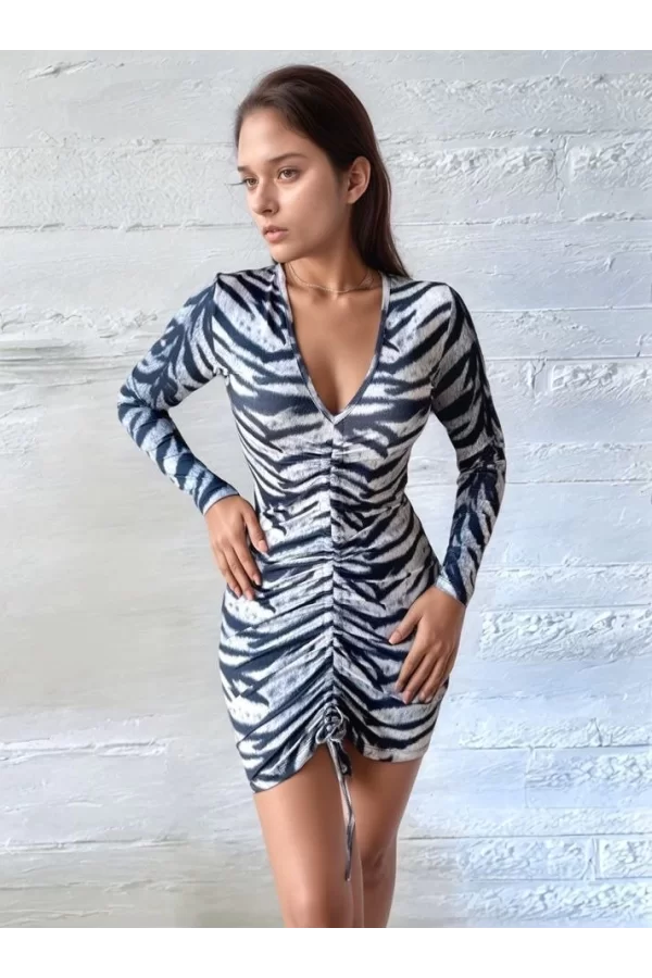 Kadın V Yaka önü Asansör Büzgü Detay Fırsat ürün Zebra Mini Elbise