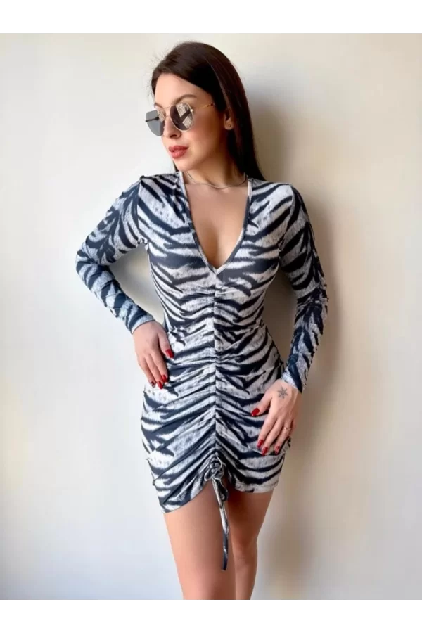 Kadın V Yaka önü Asansör Büzgü Detay Fırsat ürün Zebra Mini Elbise
