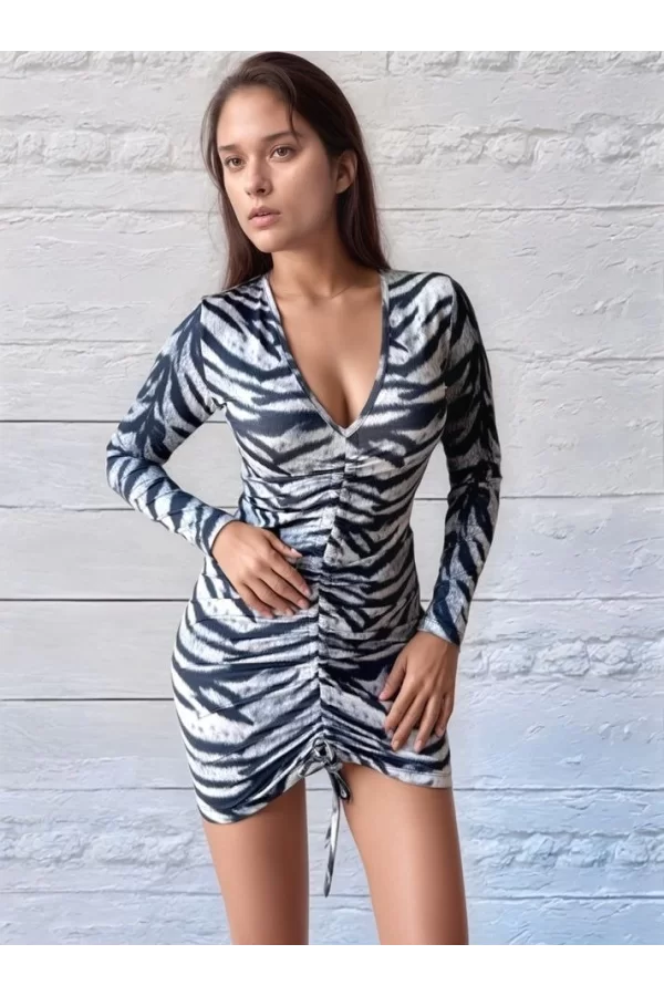 Kadın V Yaka önü Asansör Büzgü Detay Fırsat ürün Zebra Mini Elbise