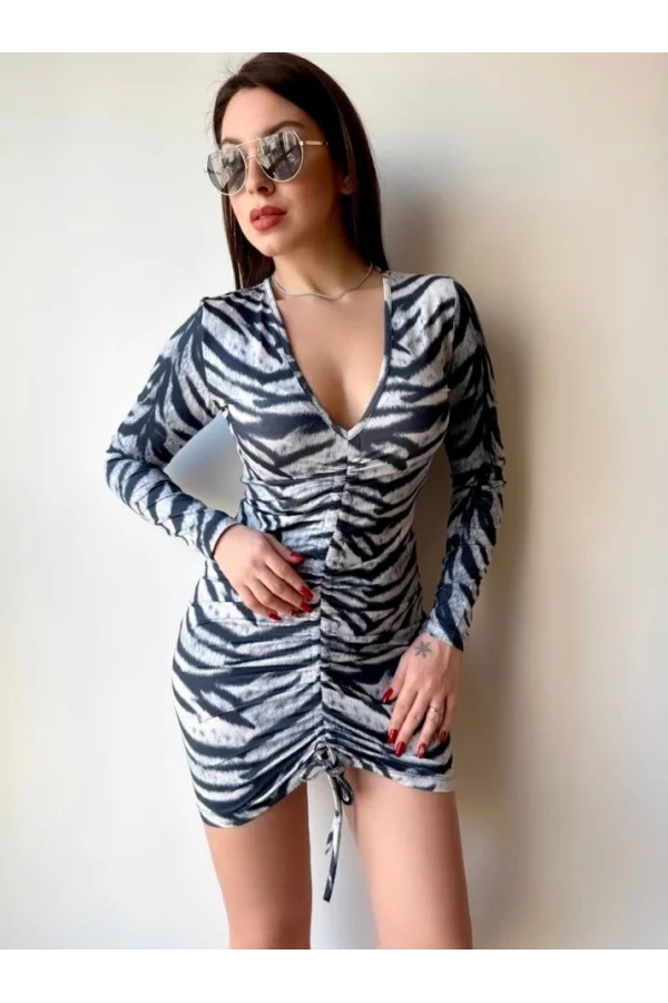 Kadın V Yaka önü Asansör Büzgü Detay Fırsat ürün Zebra Mini Elbise
