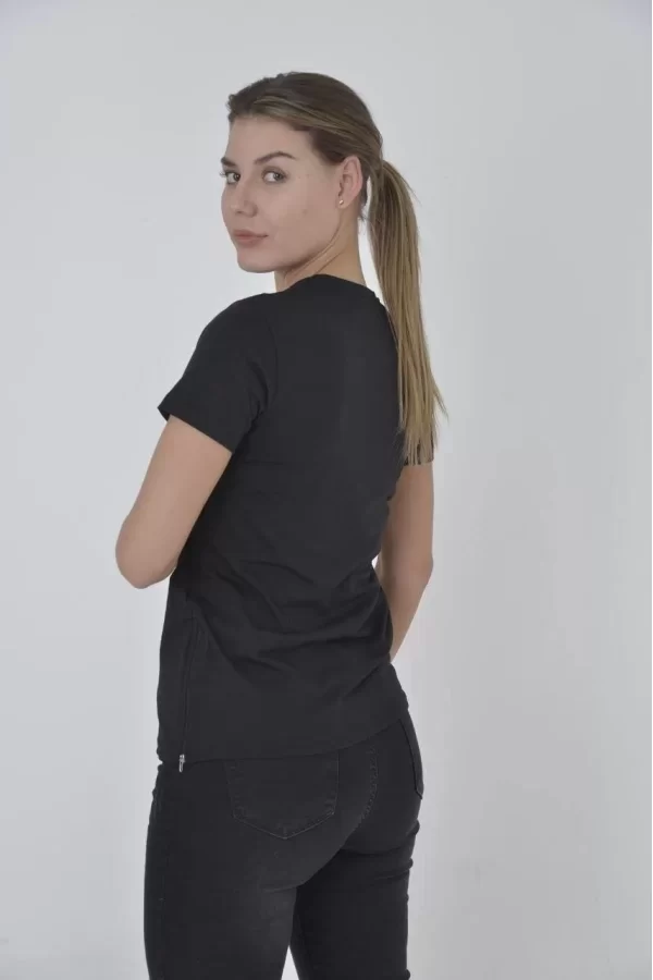 Luz&Pos Kadın Yandan Fermuarli Slim Fit T-shirt - Siyah