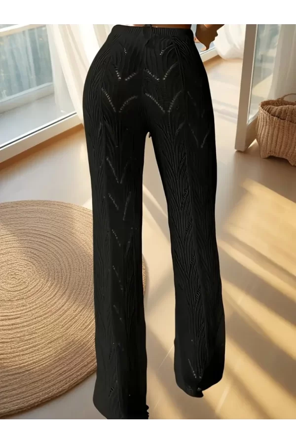 Kadın Yüksek Bel Bağcıklı Desenli Triko Plaj Pantolon
