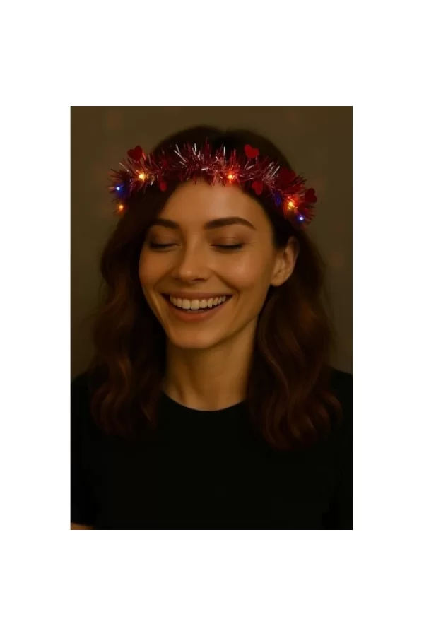Kalp Püsküllü Gece Parıltısı 3 Modlu LEDli Işıklı Taç Kırmızı Renk
