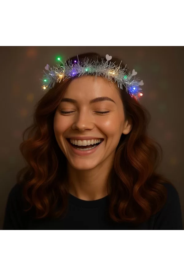 Kalp Püsküllü Gece Parıltısı 3 Modlu Led39li Işıklı Taç Gümüş Renk