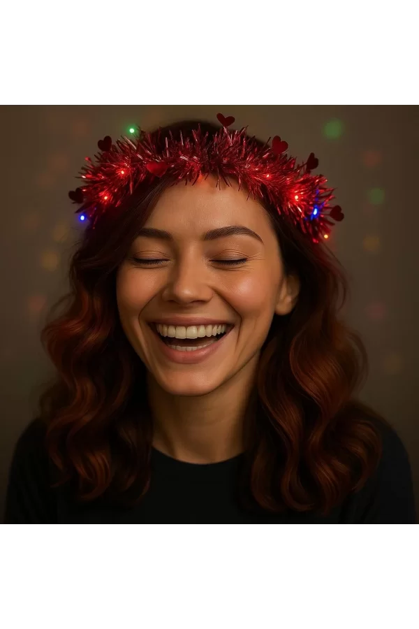 Kalp Püsküllü Gece Parıltısı 3 Modlu Led39li Işıklı Taç Kırmızı Renk