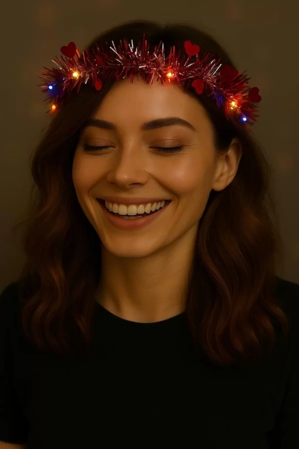 Kalp Püsküllü Gece Parıltısı 3 Modlu Led39li Işıklı Taç Kırmızı Renk