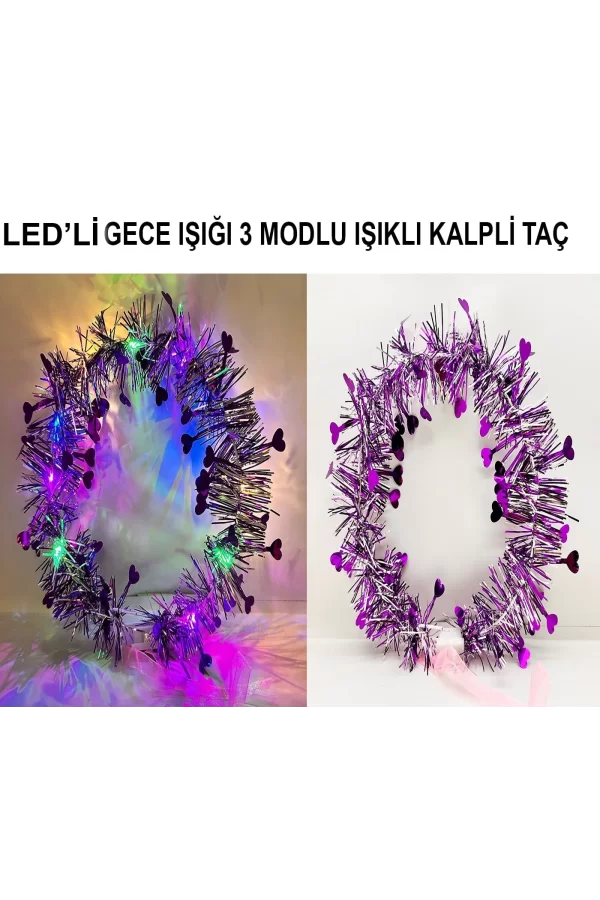 Kalp Püsküllü Gece Parıltısı 3 Modlu Led39li Işıklı Taç Mor Renk