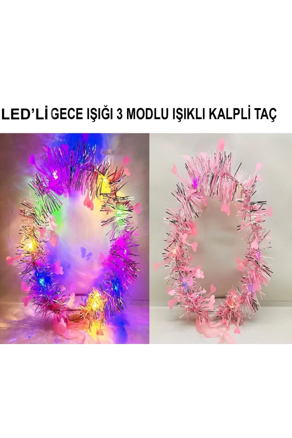 Kalp Püsküllü Gece Parıltısı 3 Modlu Led39li Işıklı Taç Pembe Renk
