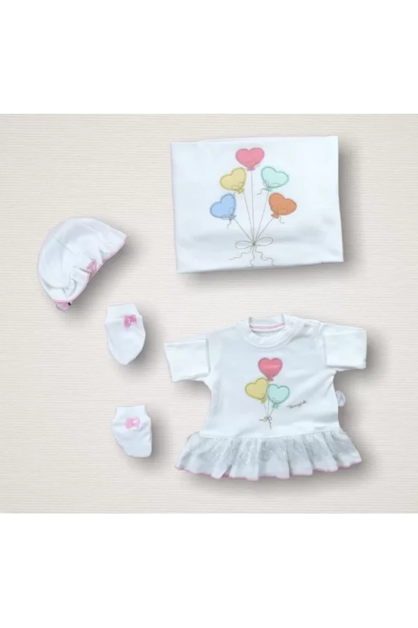 Luz&Pos Kalpli Uçan Balon Nakışlı  10lu Zıbın Takımı Hastane Çıkışı Ekru