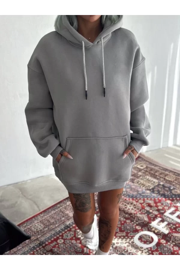 Kapşonlu Üç İplik Penye Basic SweatShirt - Boyalı Gri
