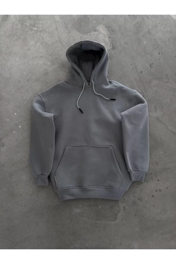 Kapşonlu Üç İplik Penye Basic SweatShirt - Boyalı Gri