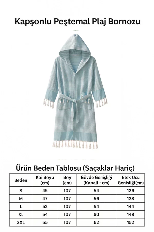 Kapşonlu Unisex Peştamal Plaj Bornozu  &#37;100 Pamuklu Marelina Turkuaz