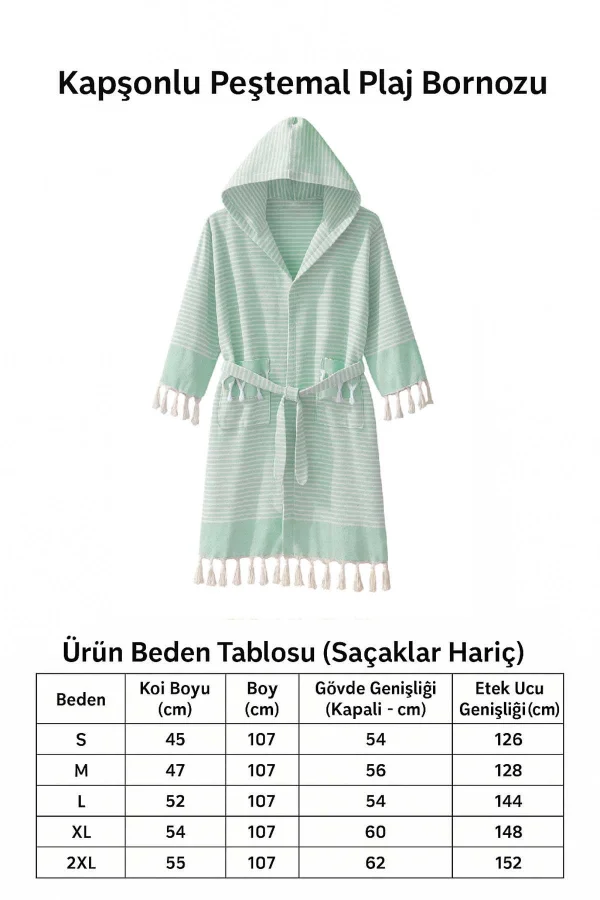Kapşonlu Unisex Peştamal Plaj Bornozu  &#37;100 Pamuklu Marelina Yeşil