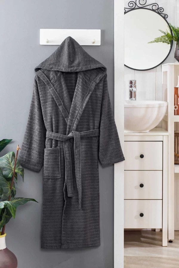 Kapüşonlu Unisex Banyo Bornozu &#37;100 Soft Pamuklu Antrasit