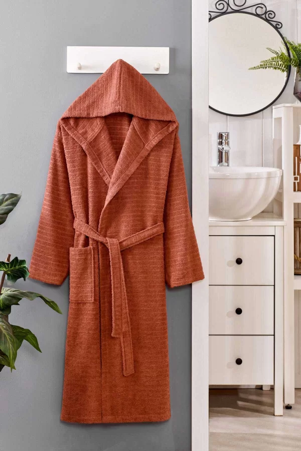 Kapüşonlu Unisex Banyo Bornozu &#37;100 Soft Pamuklu Kahve