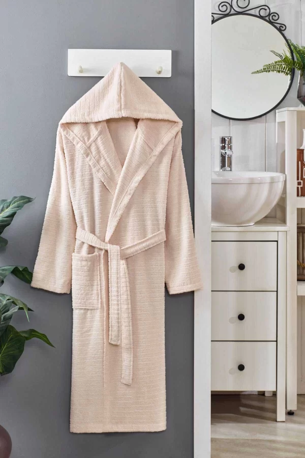 Kapüşonlu Unisex Banyo Bornozu &#37;100 Soft Pamuklu Krem