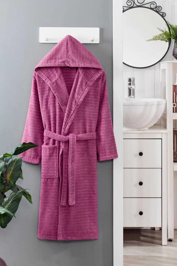 Kapüşonlu Unisex Banyo Bornozu &#37;100 Soft Pamuklu Mürdüm