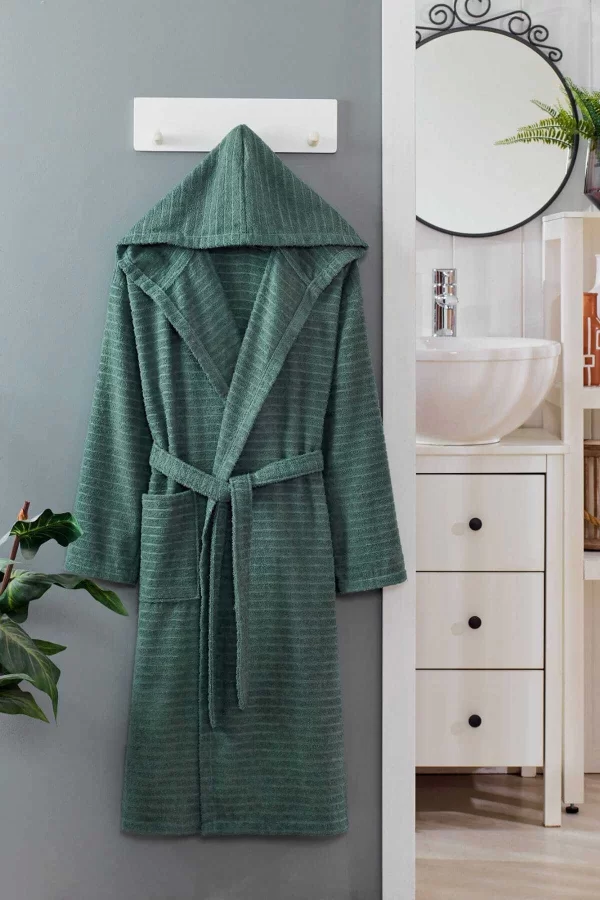 Kapüşonlu Unisex Banyo Bornozu &#37;100 Soft Pamuklu Yeşil