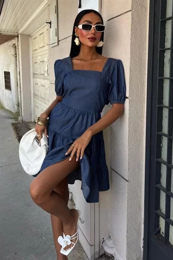 Kare Yakalı Ve Gipe Detaylı Tensel Elbise 2883